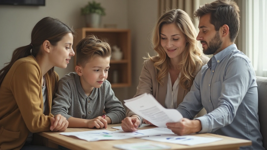 Профессиональное фото семьи, обсуждающей финансовые цели в гостиной
