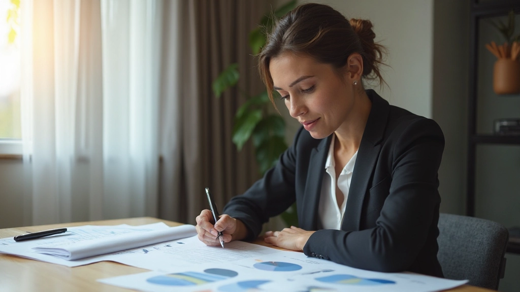 Профессиональное фото женщины, анализирующей финансовые документы за столом