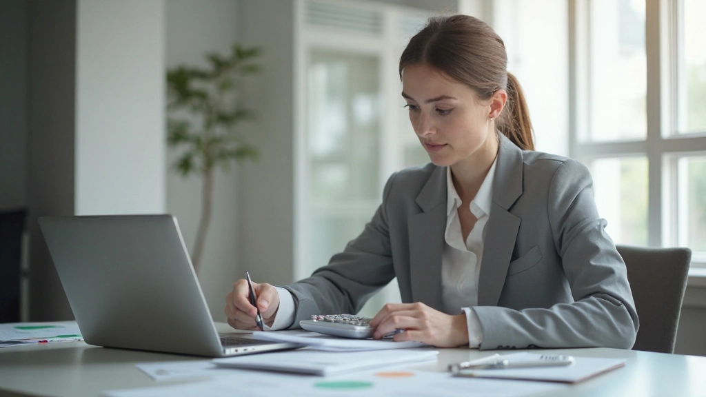 Профессиональное рабочее пространство с ноутбуком, калькулятором и финансовыми документами